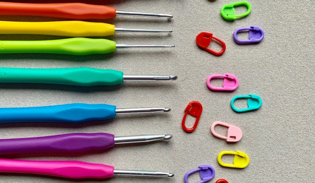 Row of Crochet Hooks with Stitch Markers