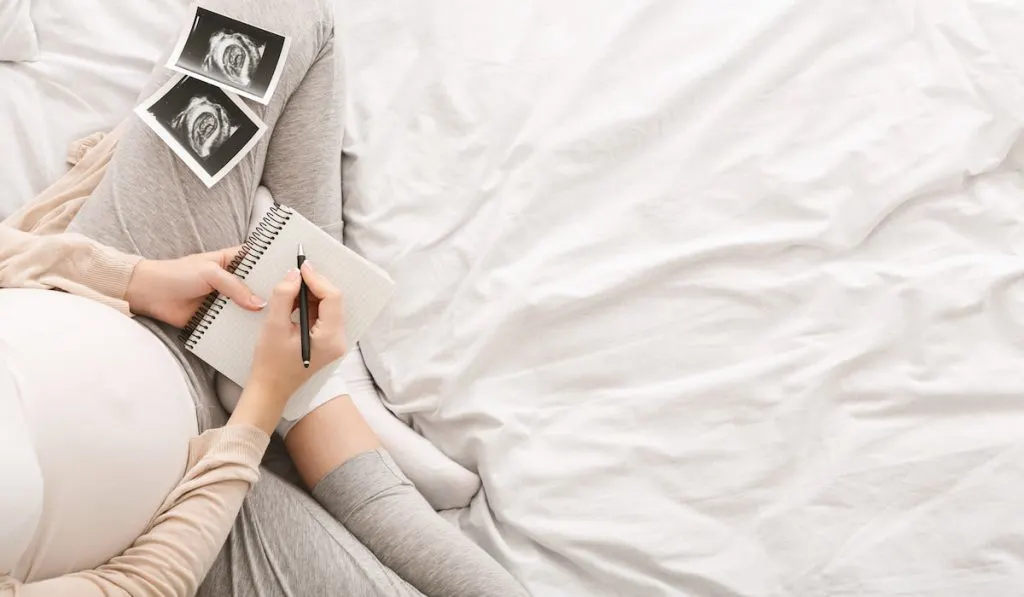pregnant woman with copy of ultrasound writing down on her journal 