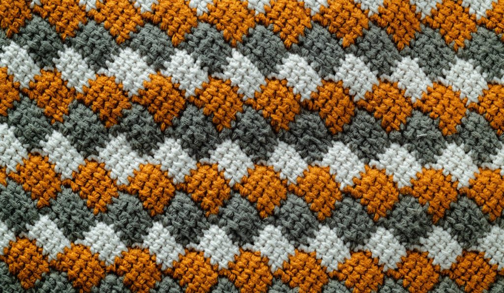 Tunisian Crochet fabric Crocheted White Yellow Gray