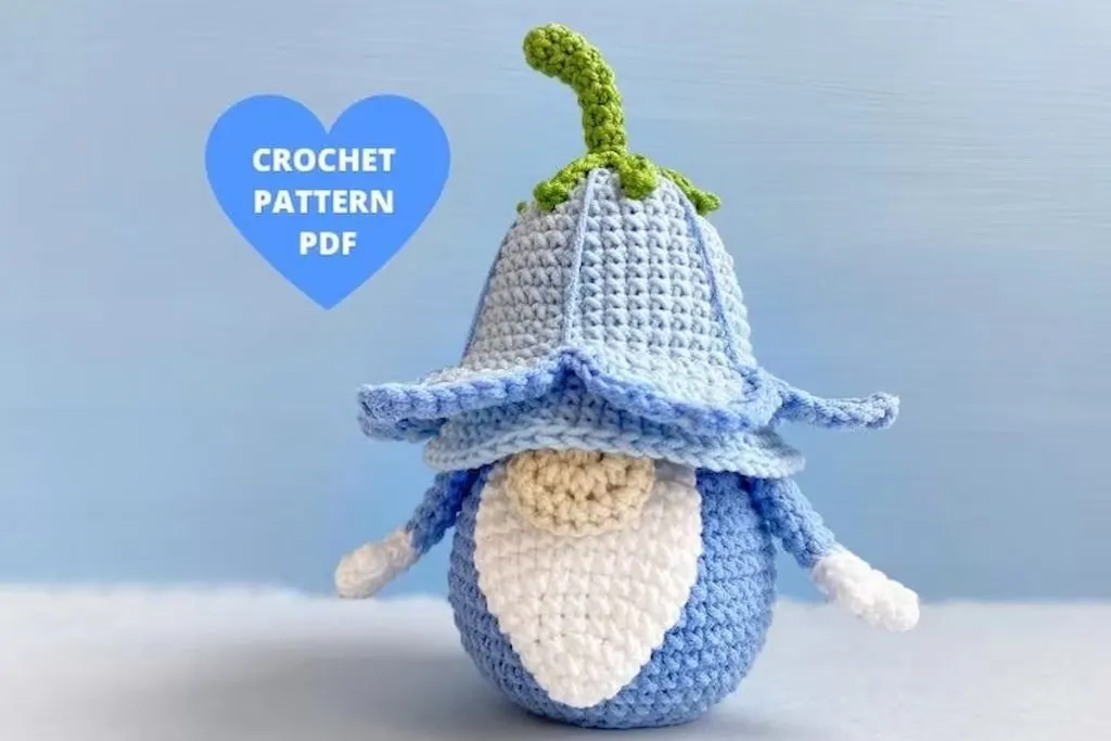 Bluebell Gnome Crochet Pattern on light blue background