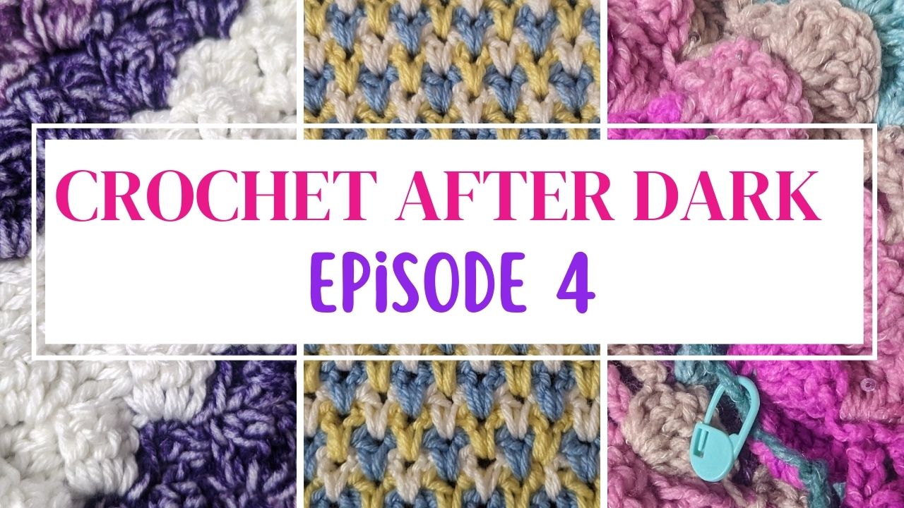 Post thumbnail with three colorful crochet projects in the background. Centered on the image is a white box with the text 