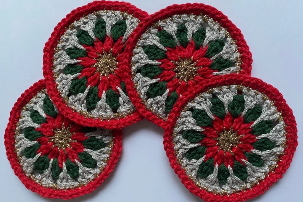 Crochet Poinsettia Flower Christmas Coaster by HookandChainsCrochet