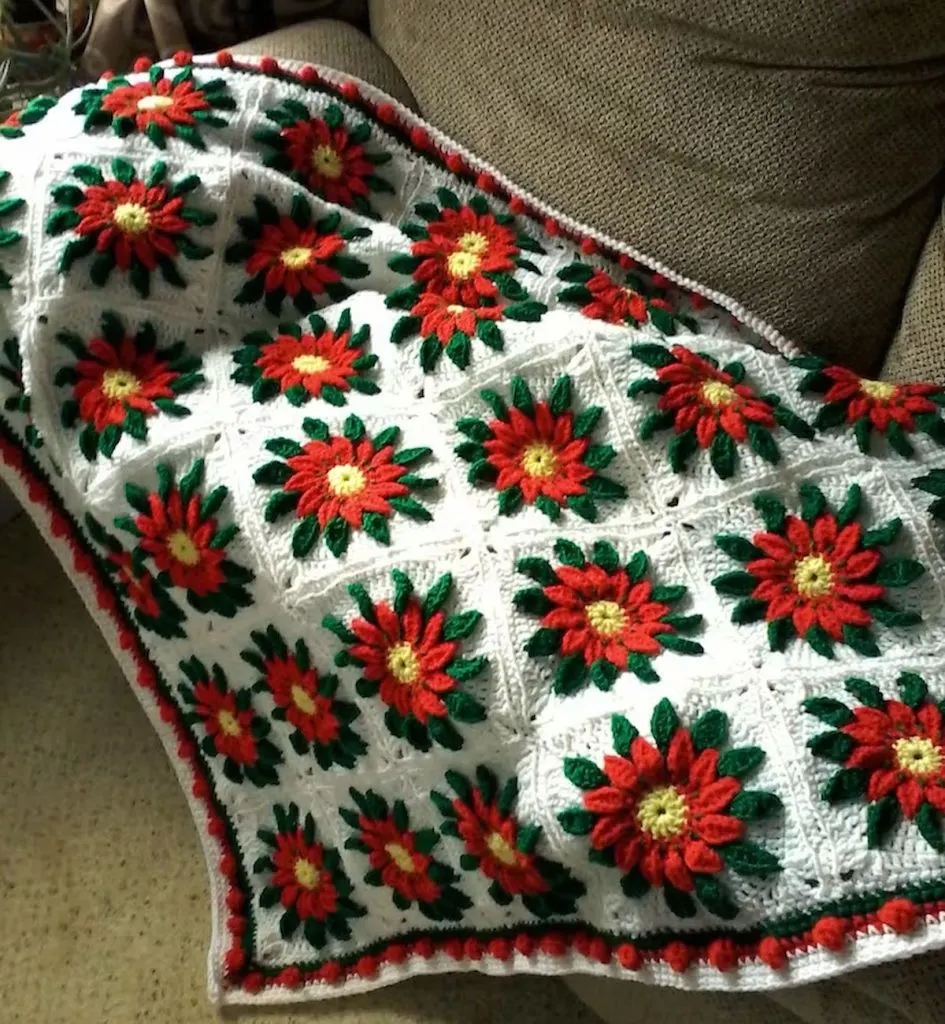 Crochet Square Motif Poinsettia Afghan by SusieQsYarns