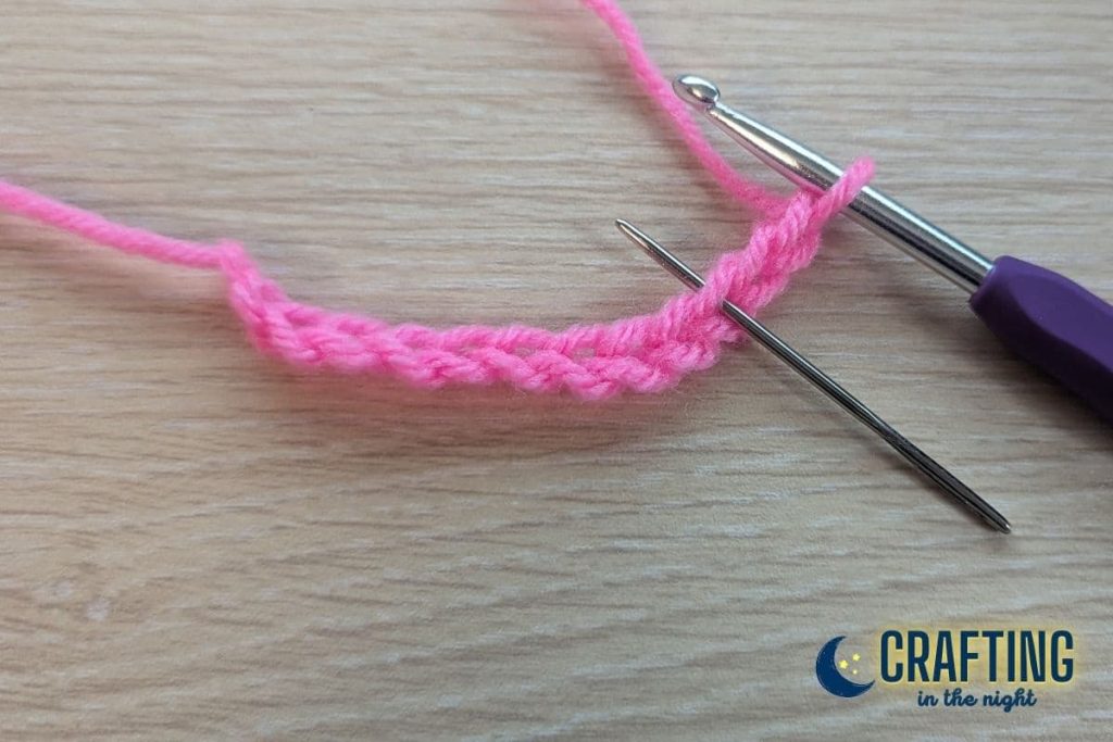 a crochet chain with 12 stitches and a yarn needle showing the third chain from the hook
