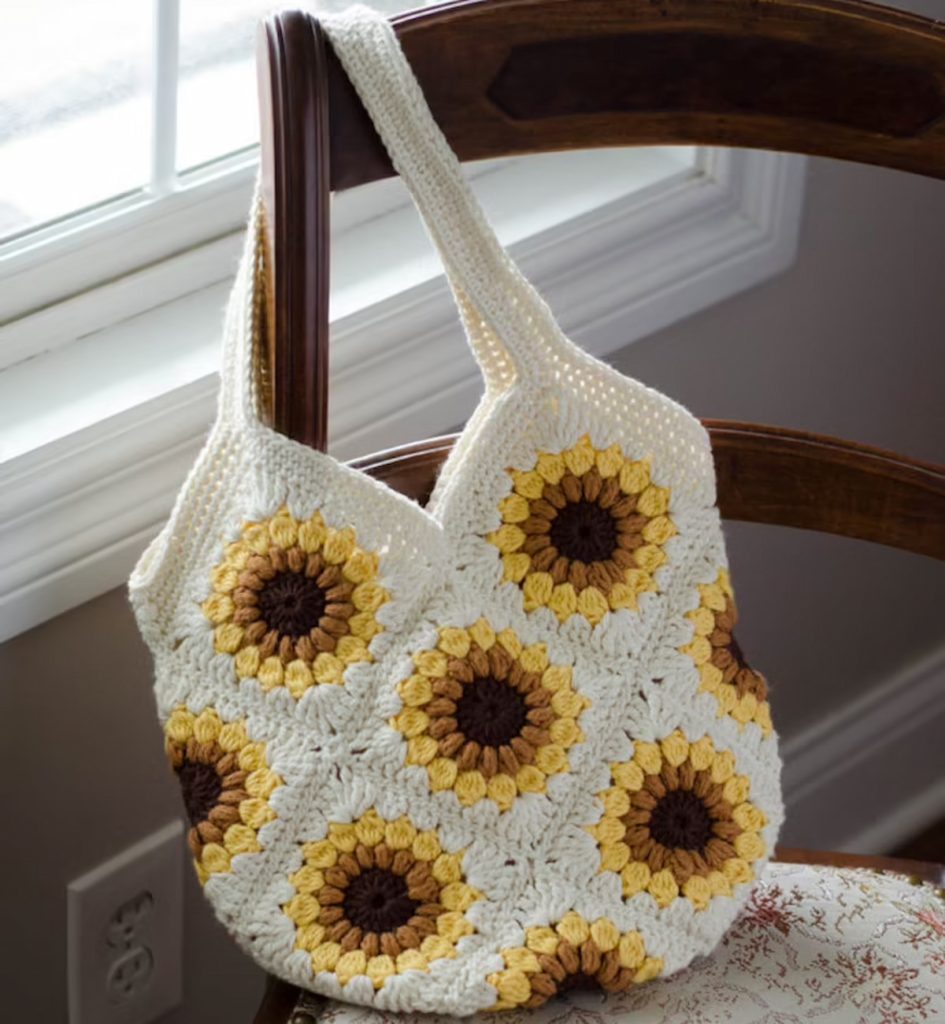 Granny Square Crochet Pattern Sunflower bag on a chair