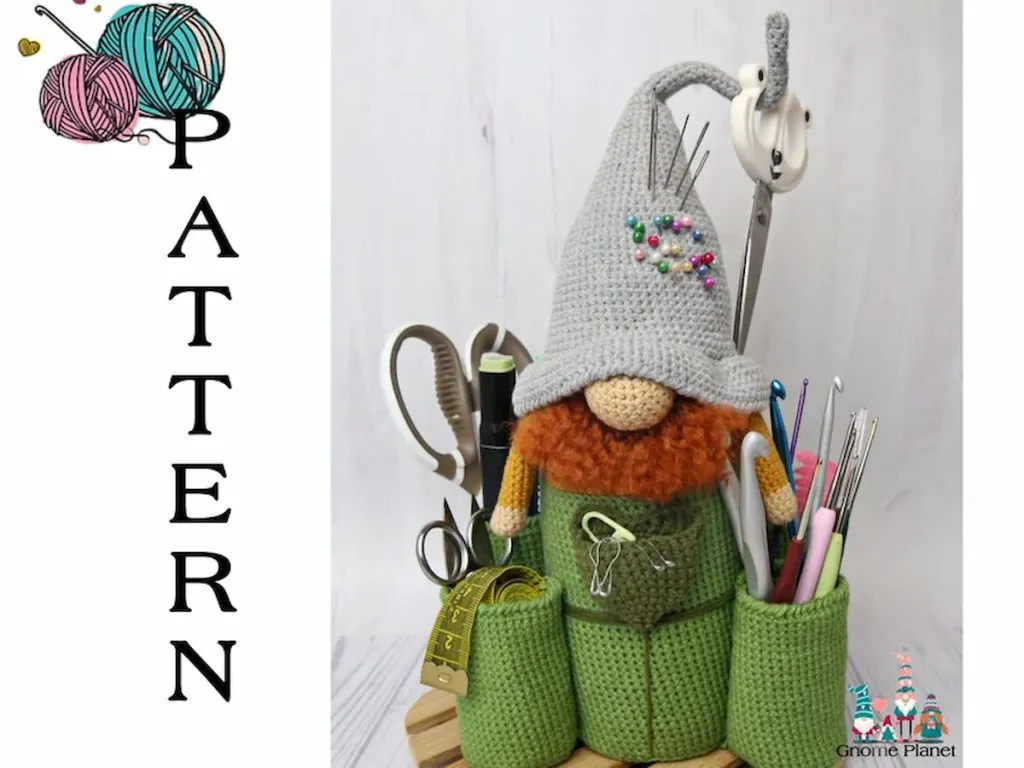 Organizer Gnome Pattern with crochet tools needle and scissors