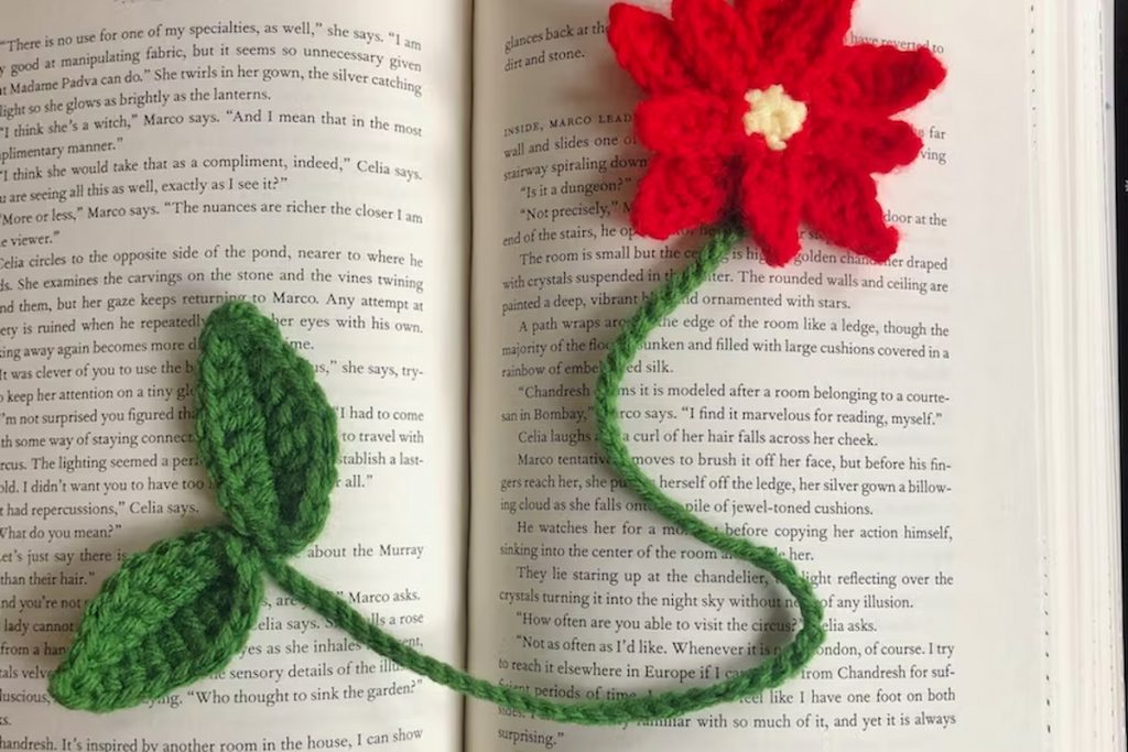 Poinsettia Bookmark Crochet Pattern by Whitelilyshopp on a book