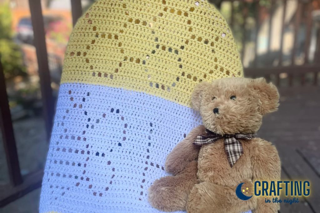 White and yellow Crochet Blanket - Bee Happy and a cute brown teddy bear 