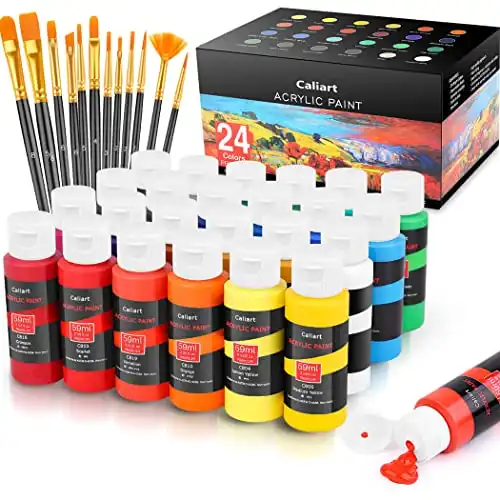 Caliart Acrylic Paint Set With 12 Brushes, 24 Colors (59ml, 2oz) Art Craft Paints Gifts for Artists Kids Beginners & Painters
