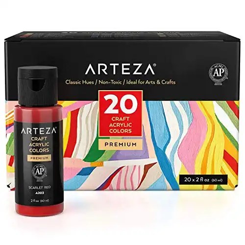 ARTEZA Set of 20 Classic Colors, 2.02-oz 60 ml Bottles, Water-Based, Matte Finish, Acrylic Craft Paint for Art & DIY Outdoor Projects on Glass, Wood, Ceramics, Fabrics, Paper & Canvas
