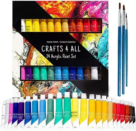 Crafts 4 All Acrylic Paint Set for Adults and Kids - 24-Pack of 12mL Paints for Canvas, Wood & Ceramic w/ 3 Art Brushes - Non-Toxic Craft Paint Sets - Stocking Stuffers for Girls and Boys