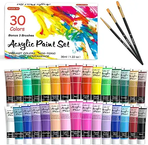 Shuttle Art Acrylic Paint Set, 30 Colors Acrylic Paint in Tubes (36ml) with 3 Brushes