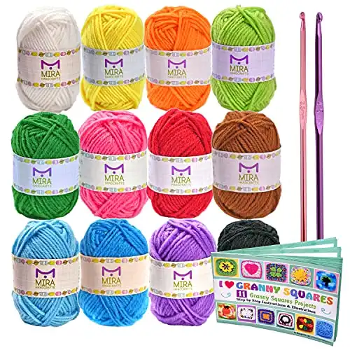 Mira Handcrafts 12 Acrylic Yarn Skeins, 2 Crochet Hooks and Real Project Book