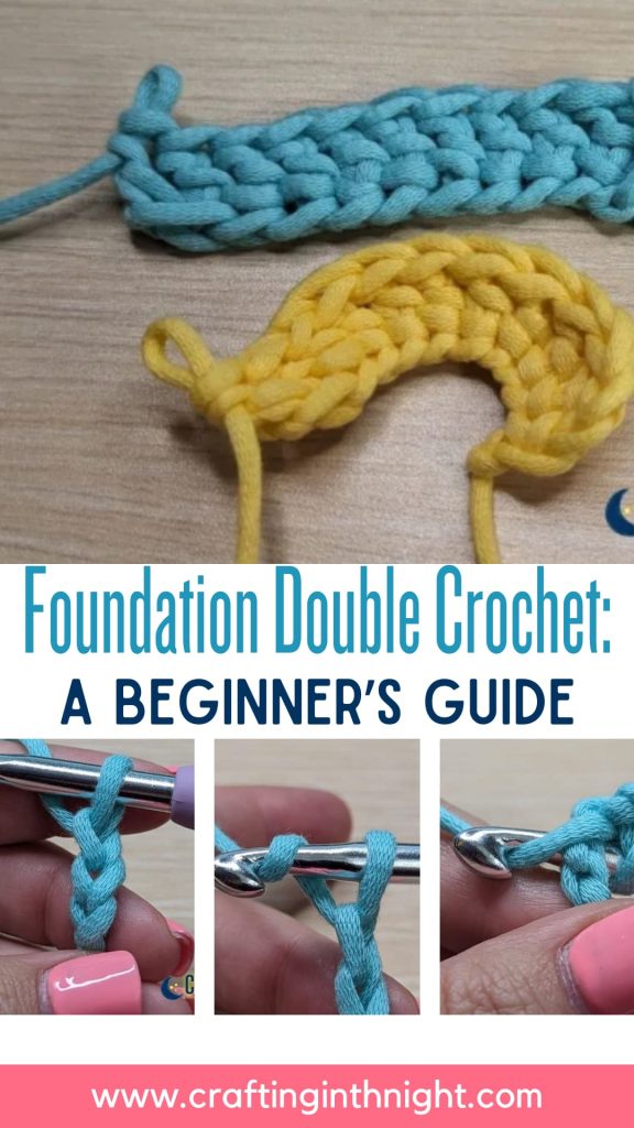 collage images of how to make a foundation double crochet. Pinterest pin