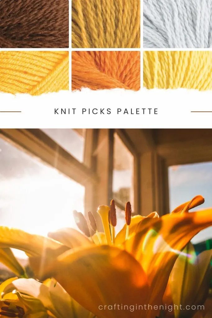 Beautiful Morning Yellow Yarn Color Palette for crochet or knit. Includes colors bison, turmeric, mist, canary, sweet potato, safflower in Knit Picks Palette