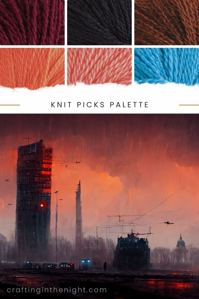 Bleeding Edge Cyberpunk Color Palette for crochet or knit. Includes color burgundy, black, brown, orange, pink and blue in Knit Picks Palette