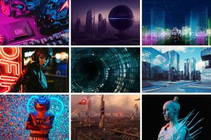 Various images from Cyberpunk Yarn Color Palette