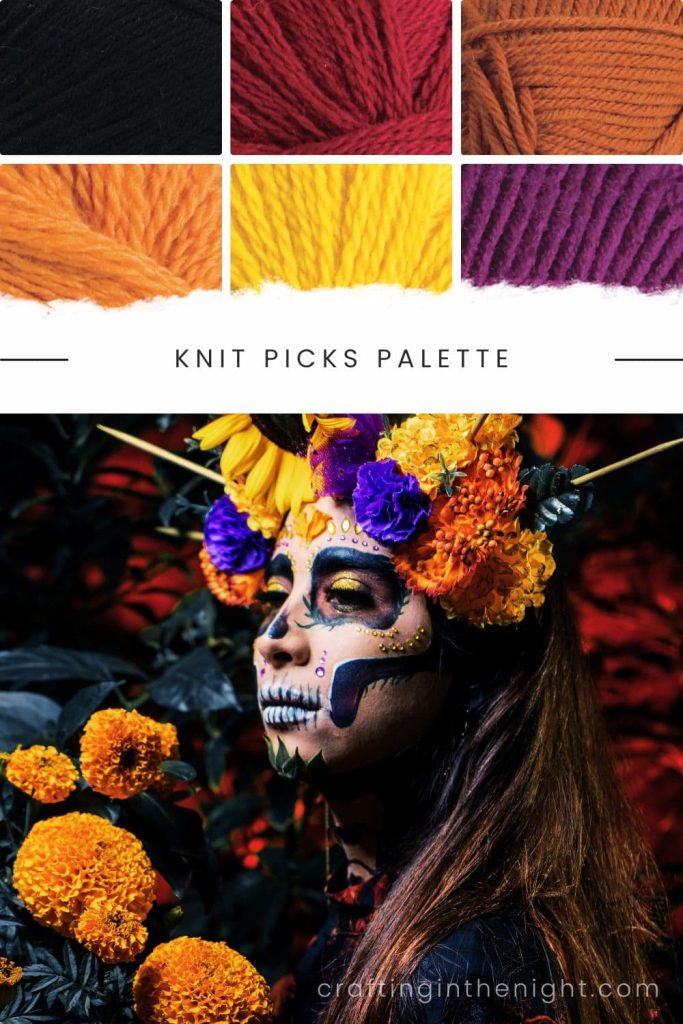 Festival of the Dead Halloween Yarn Color Palette for crochet or knit. Includes colors black, hollyberry, masala, sweet potato, canary, fairy tale