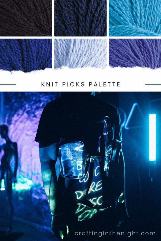 Najia Cyberpunk Color Palette for crochet or knit. Includes color black, navy blue, light blue, royal blue, lavender and violet in Knit Picks Palette.