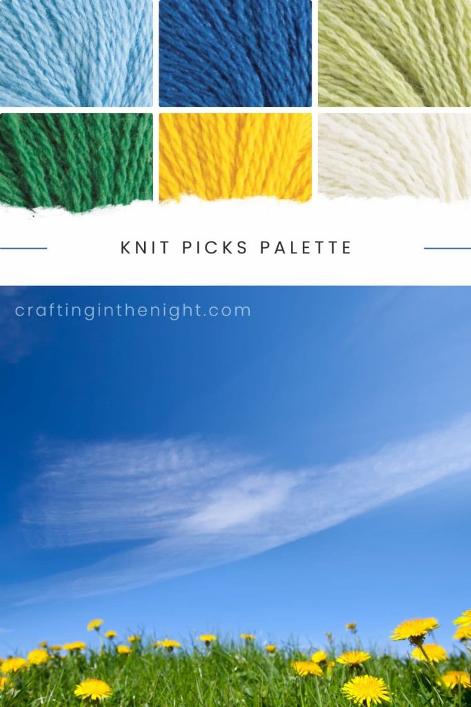 Spring Days Spring Yarn Color Palette for crochet or knit. Includes colors sky, blue, green tea heather, grass, canary, cream in Knit Picks Palette