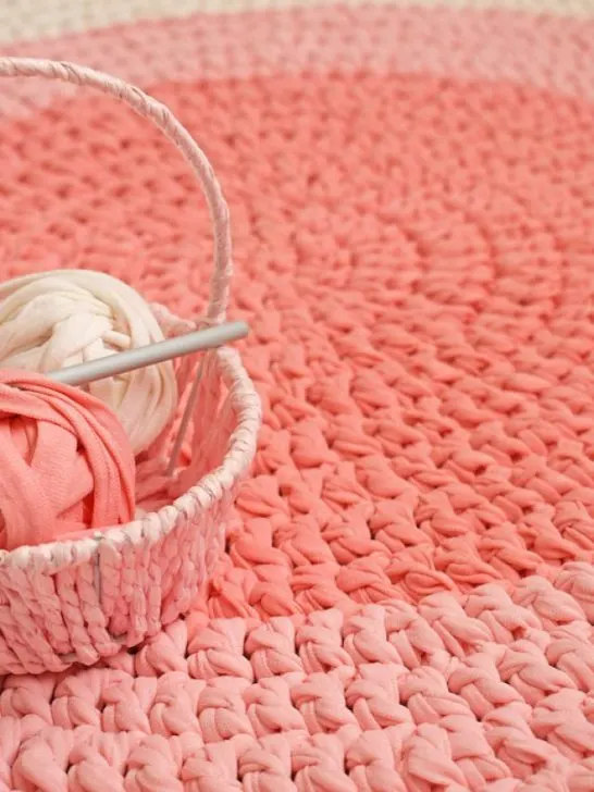 crochet hook and yarn on a crochet carpet