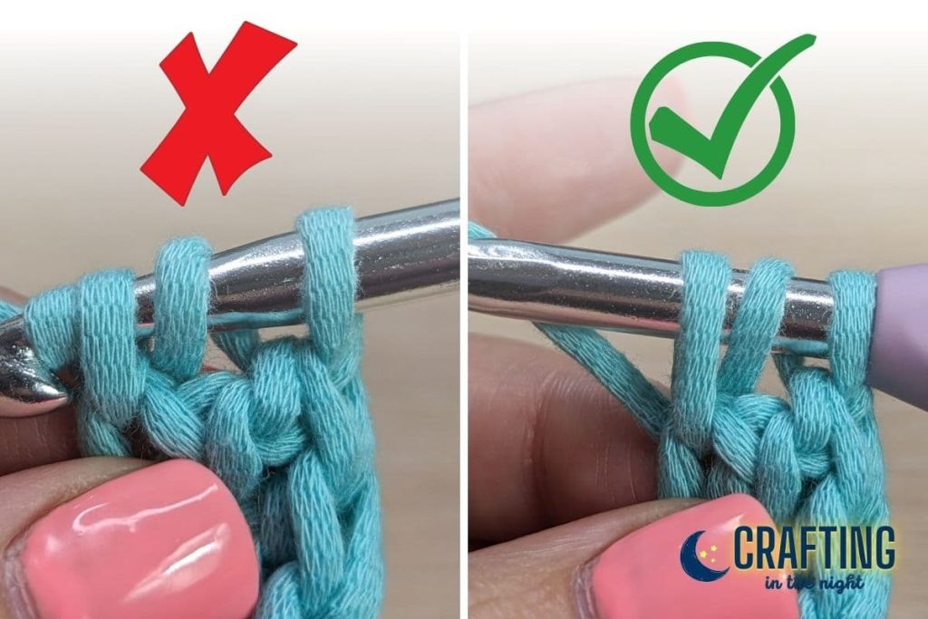 side by side of two images showing how to fix the curl. the correct image with a green check mark shows that you jave to ensure that your crochet hook is held horizontally and all three stitches on the hook are the same height, this will help keep your foundation straight. 