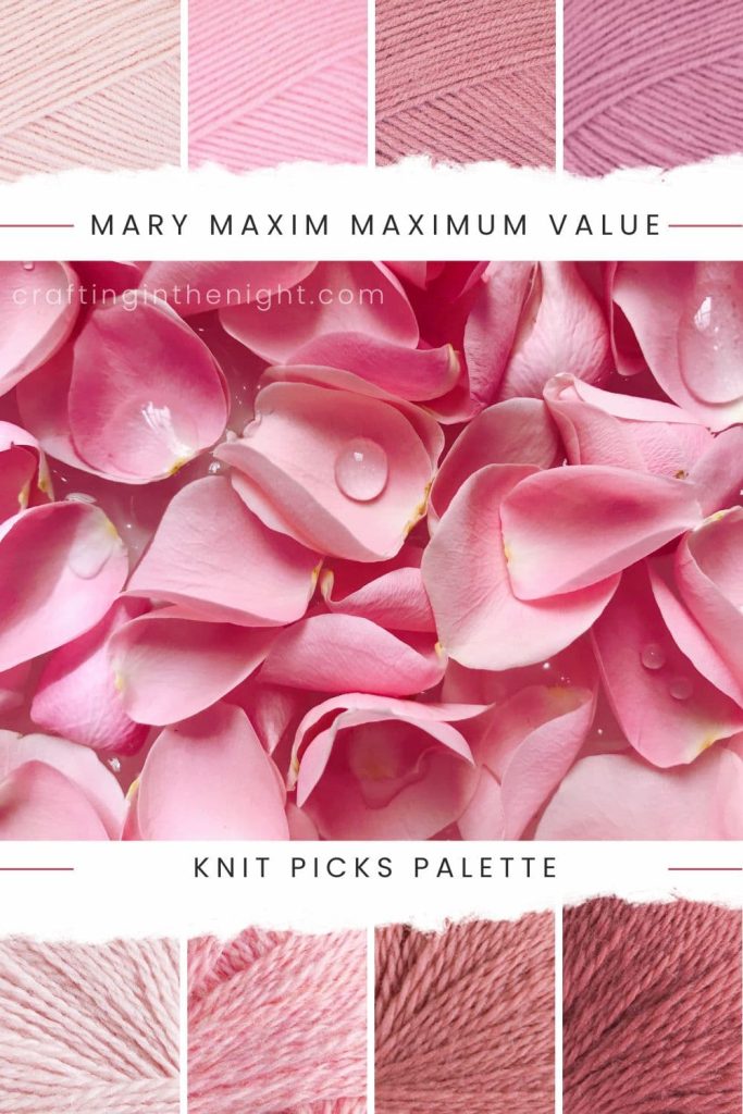 A blush of sweetness pink yarn color palette for crochet and knit includes pink and rose in mary maxim maximum value and knit picks palette