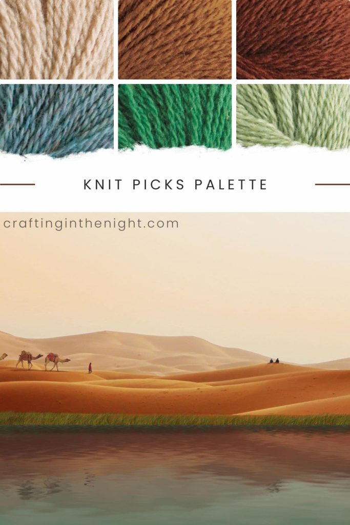 Beauty of the Barren Landscape Yarn Color Palette for crochet or knit, includes colors Almond, Toffee, Hazelnut, Opal Heather, Grass, and Celadon Heather in Knit Picks Palette