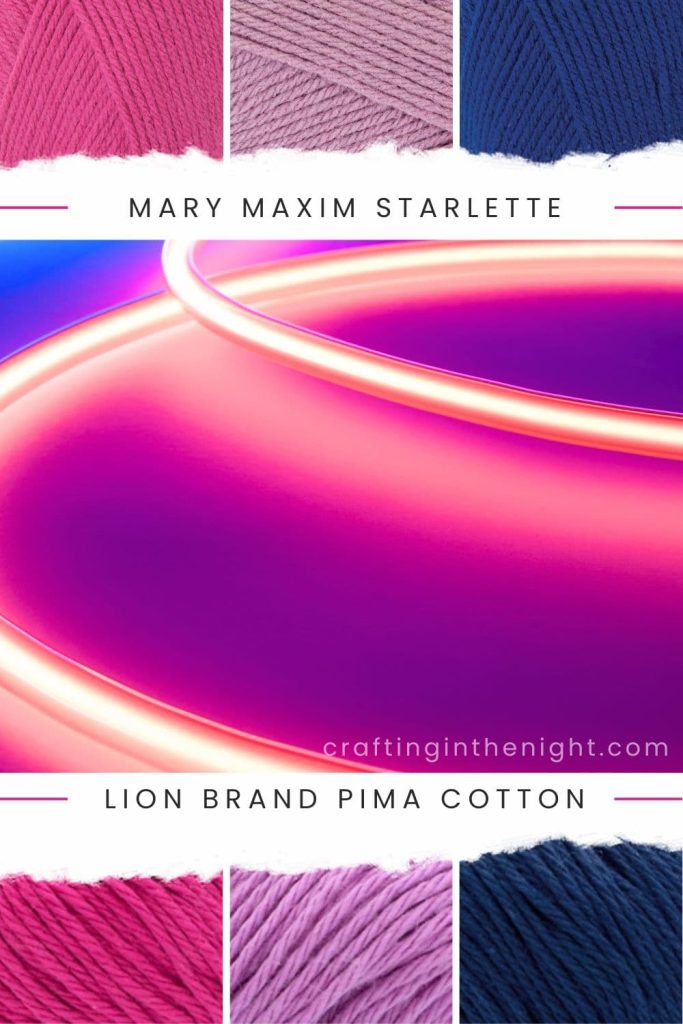 Brilliant Lapiz Yarn Color Palette for crochet or knit, includes colors Hot Pink, Dusty Rose, Royal Blue, Cabaret, Mulberry, and Blueprint in Mary Maxim Starlette and Lion Brand Pima Cotton
