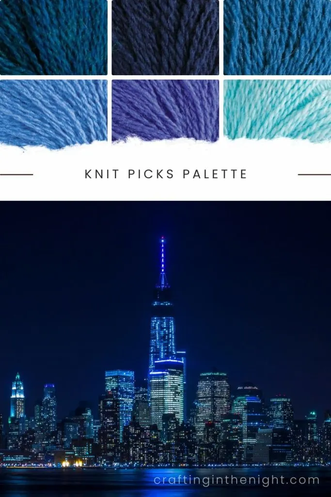 City Nights Blue Yarn Color Palette for crochet or knit. Includes colors marine heather, navy, delta, pool, chicory, wonderland heather Knit Picks Palette