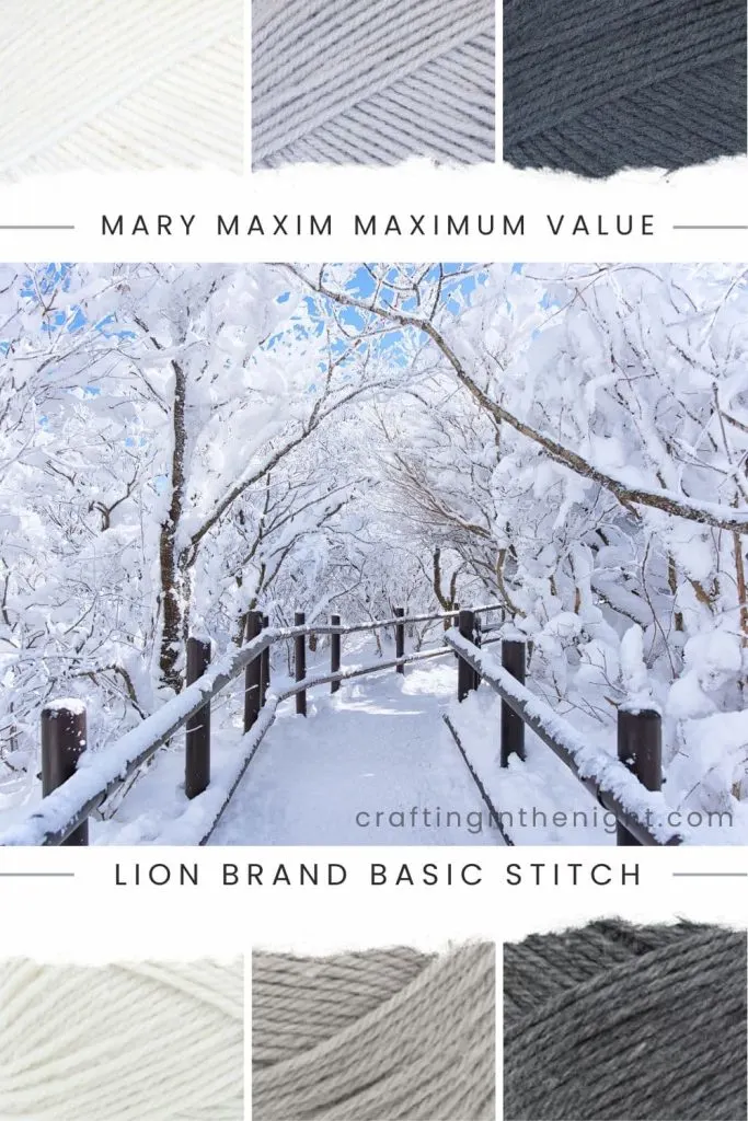 Dashing Through The Snow Yarn Color Palette for crochet or knit, includes colors white, light grey, dark grey, vintage, cement, and charcoal in Mary Maxim Maximum Value and Lion Brand Basic Stitch Anti-Microbial