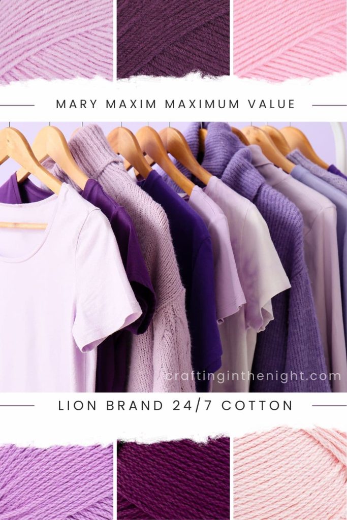 Fresh Threads Yarn Color Palette for crochet or knit, includes colors pink, purple, violet, in Mary Maxim Maximum Value  and Lion Brand 24/7 Cotton