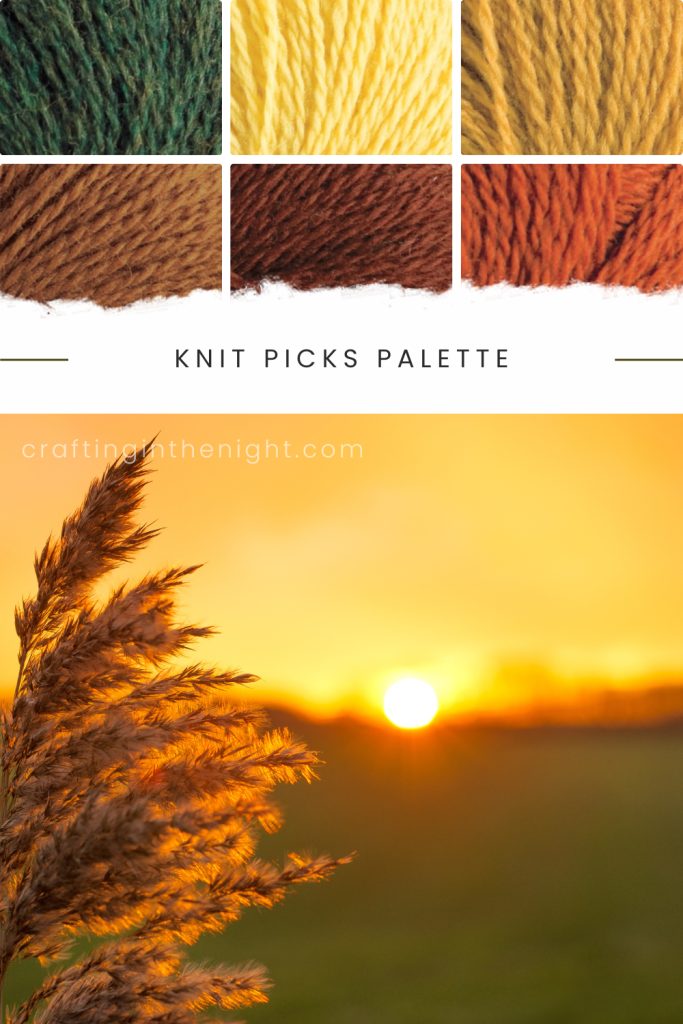 Gentle Breeze Earth Tone yarn color palette for crochet & knits including yarn colors forest heather, safflower, turmeric, toffee, hazelnut, masala of Knit Picks Palette 