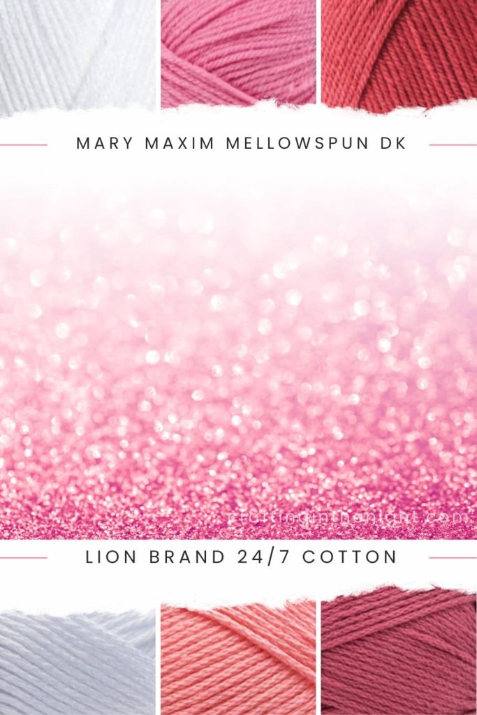 Get your sparkle on pink yarn color palette for crochet and knit includes white, pink, rose in mary maxim mellowspun dk and lion brand 24/7 cotton