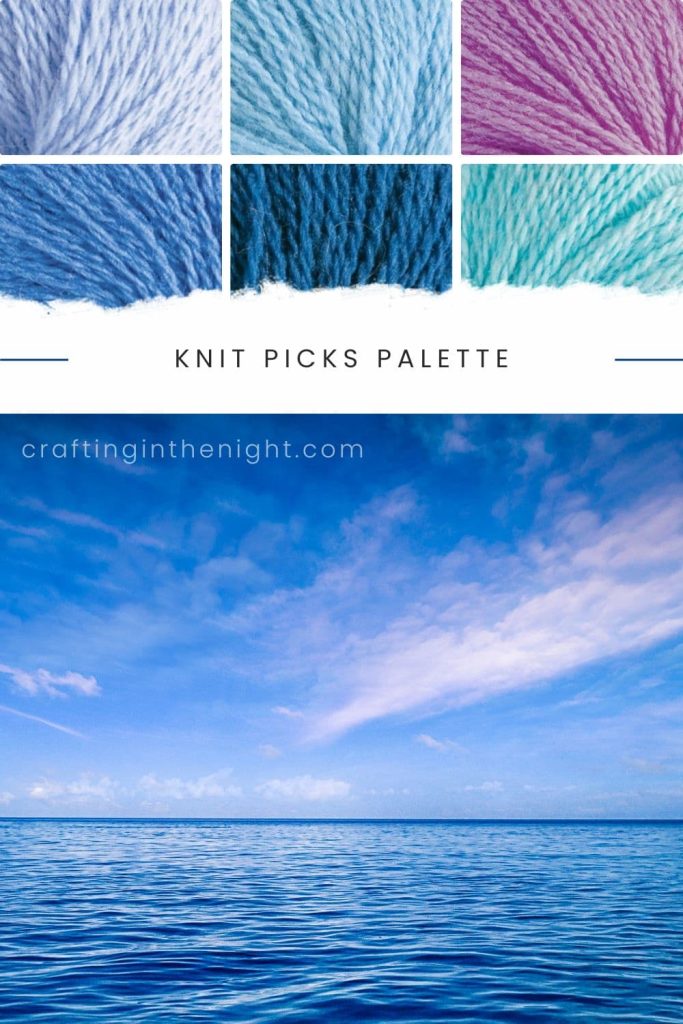 Heaven Sent Blue Yarn Color Palette for crochet or knit. Includes colors bluebell, sky, lady slipper, pool, delta, wonderland heather Knit Picks Palette
