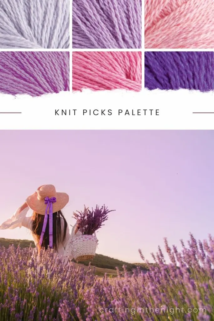 In The Fields Yarn Color Palette for crochet or knit, includes colors Pennyroyal, Hyacinth, Lady Slipper and French Lavender in Knit Picks Palette