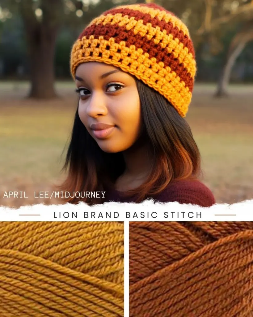 girl wearing a crochet two colors beanie at the park, showing Lion Brand Basic Stitch Anti-Pilling yarn colors, honey and adobe