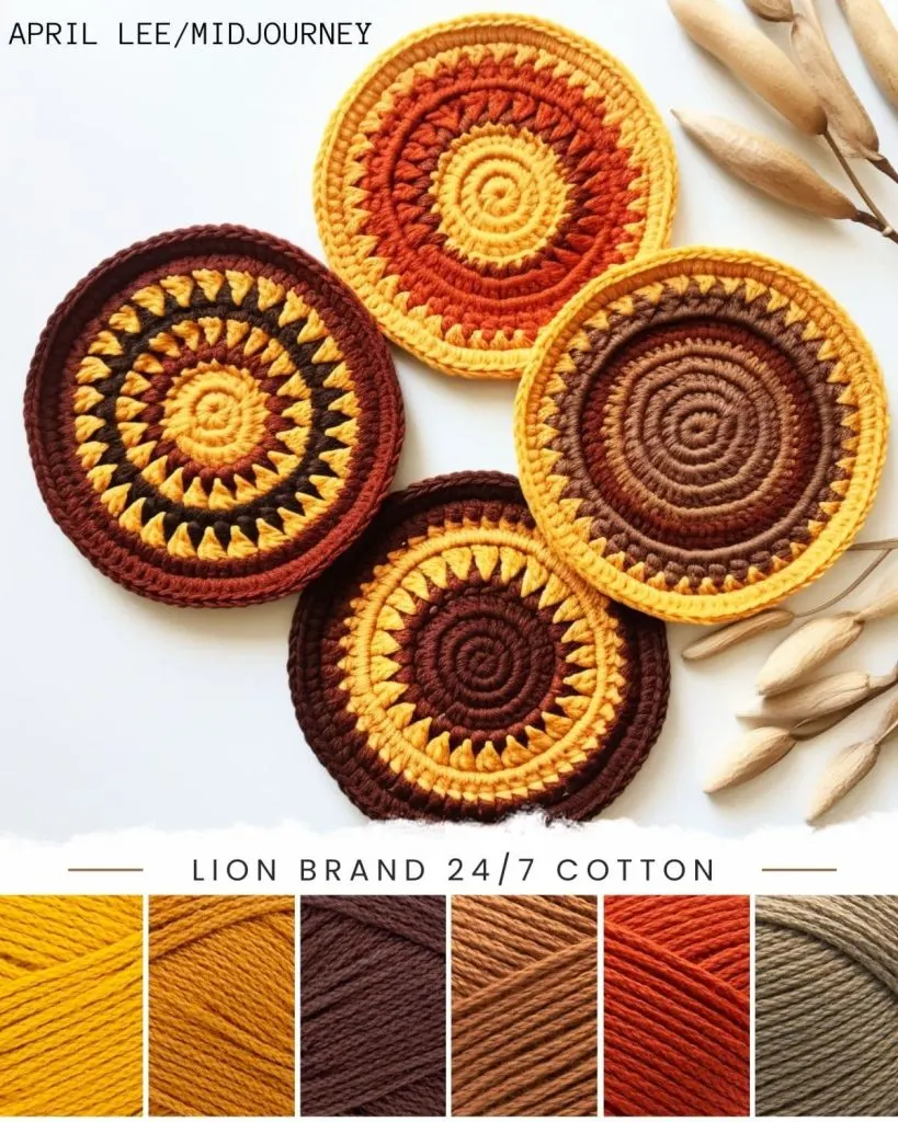 four crochet coasters on a white table, showing Lion Brand 24/7 Cotton yarn colors, goldenrod, amber, coffee beans, camel, tangerine, taupe