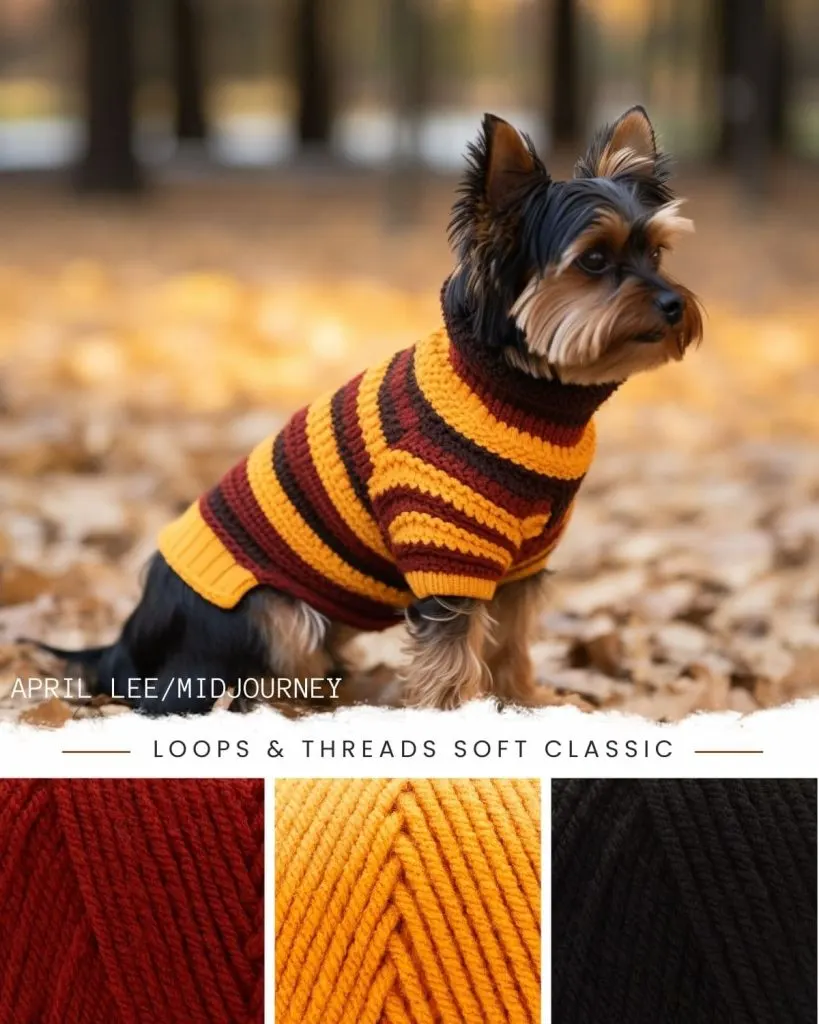 cute dog wearing crochet sweater at the park, showing Loops & Threads Soft Classic yarn colors, clay, curry, black