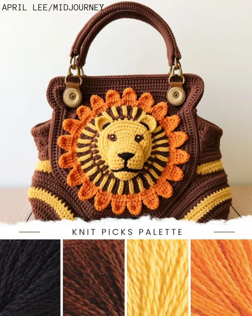 lion designed crochet purse on the table, showing Knit Picks Palette color options, black, rooibos heather, semolina, kumquat heather