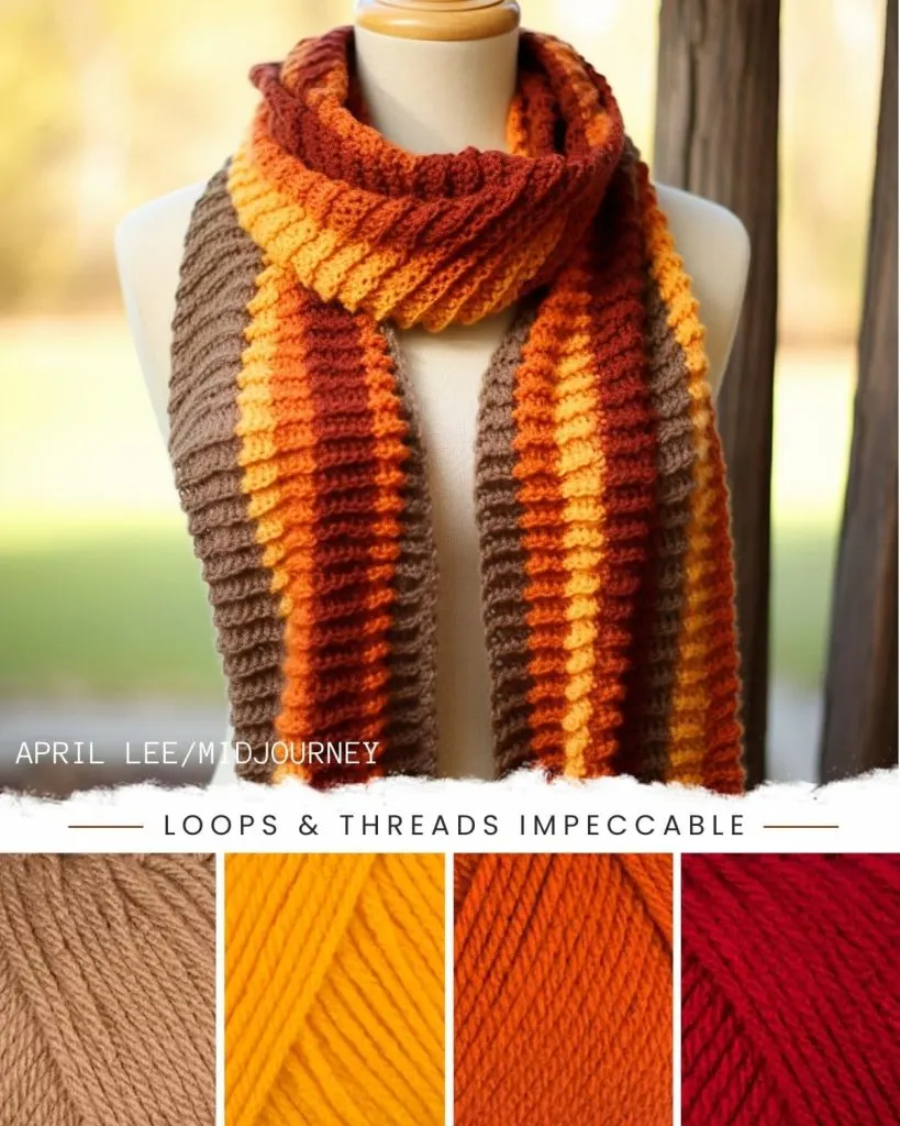 crochet scarf displayed on a mannequin, showing Loops & Threads Impeccable yarn colors, soft taupe, sunny day, pumpkin, claret