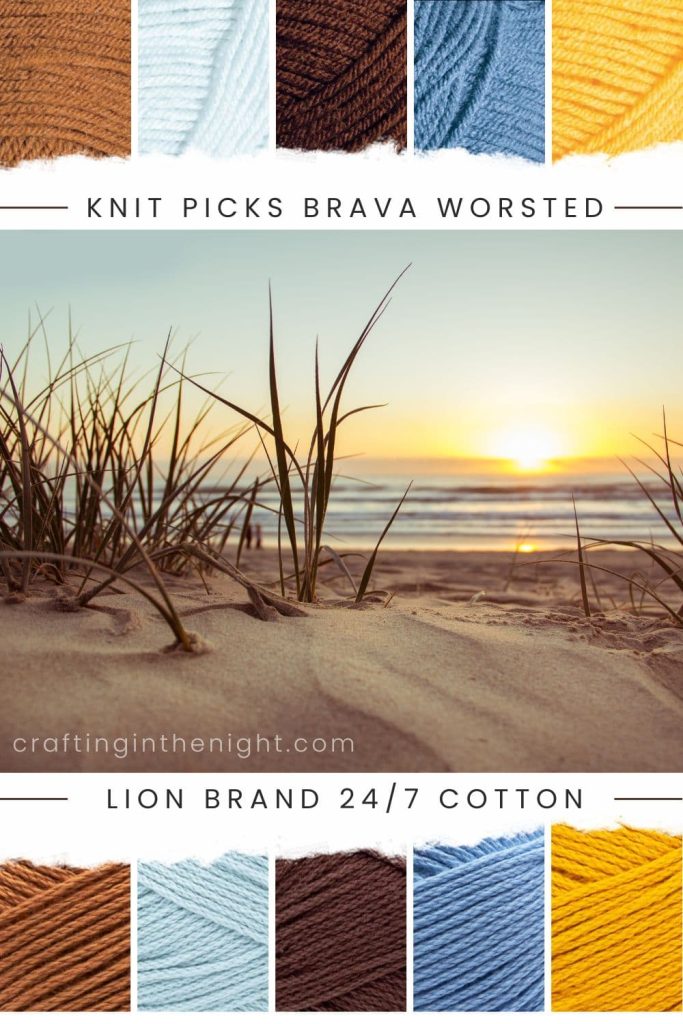 Long Time, No Sea Beach Yarn Color Palette for crochet or knit. Includes colors brindle, clarity, sienna, denim, canary in Knit Picks Brava Worsted and Lion Brand 24/7 Cotton