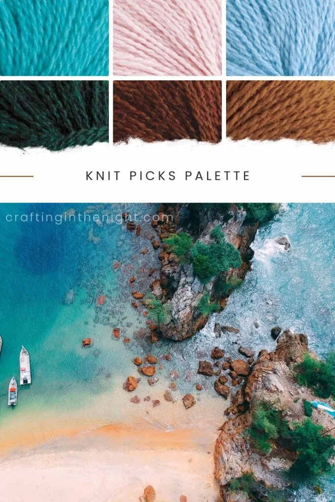 Paradise Trove Beach Yarn Color Palette for crochet or knit. Includes colors caribbean, blush, sky, aurora heather, rooibos heather, toffee Knit Picks Palette