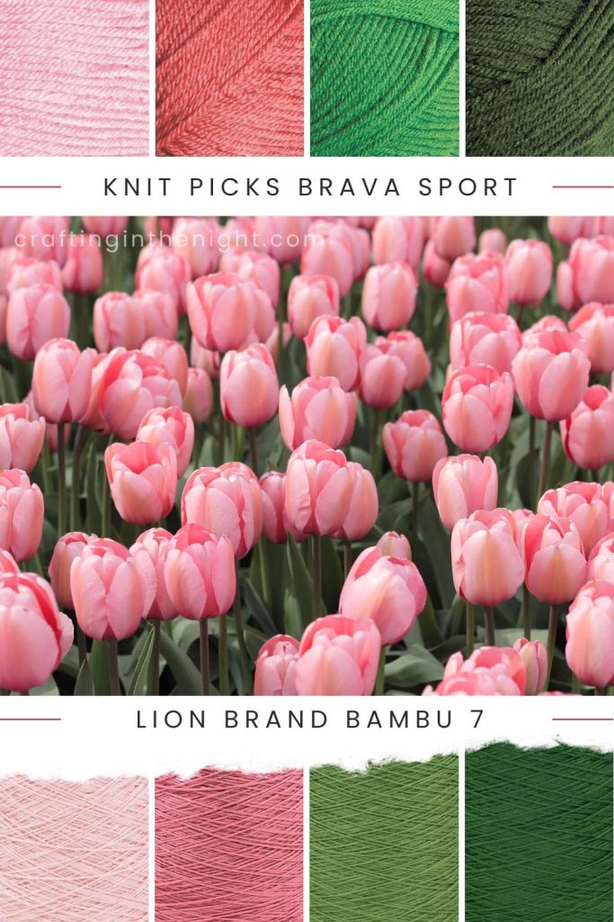 Pink diamond pink yarn color palette for crochet and knit includes pink, rose, green and dark green in knit picks brava sport and lion brand bambu 7