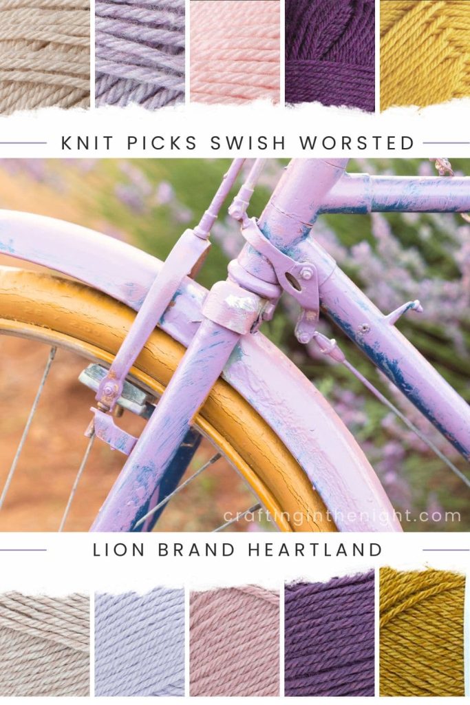 Ride With Me Yarn Color Palette for crochet or knit, includes colors Nutmeg Heather, Frosting, Honey, Canyonlands, Capitol Reef in Knit Picks Swish Worsted and Lion Brand Heartland