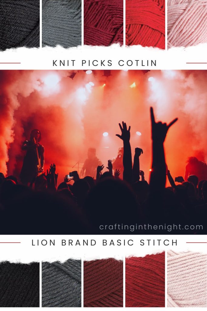 Black Color Palette for crochet or knit. Includes color black, grey, red, orange and pink in Knit Picks Cotlin and Lion Brand Basic Stitch