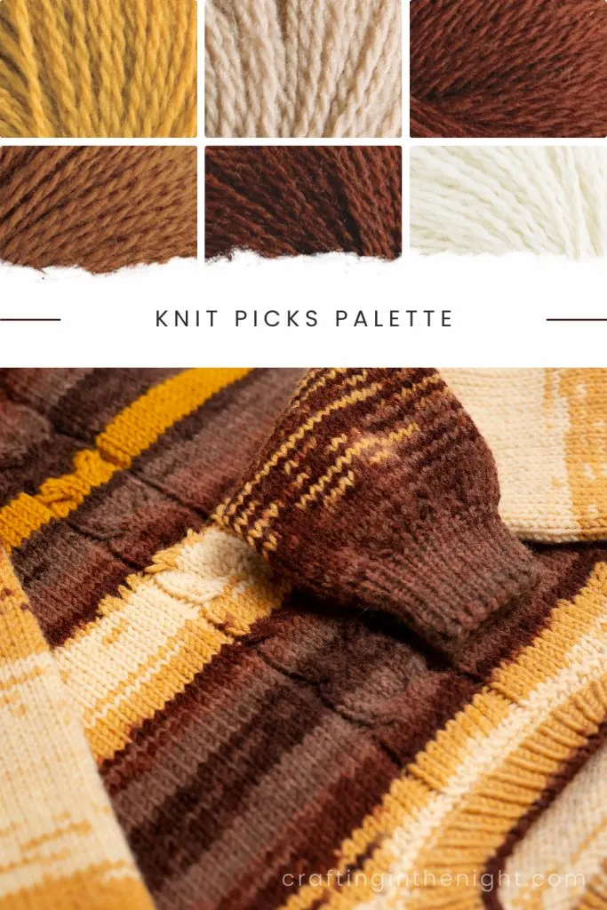 Sweater Weather Earth Tone yarn color palette for crochet & knits including yarn colors turmeric, almond, hazelnut, toffee, rooibos heather, cream of Knit Picks Palette