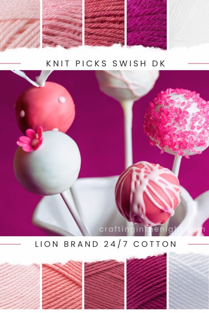 Sweet chews pink yarn color palette for crochet and knit includes white, pink, rose in knit picks swish dk and lion brand 24/7 cotton