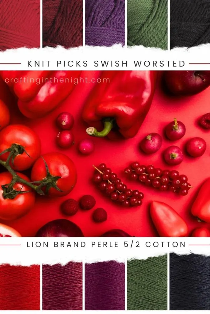 The Secrets of Spice Red Yarn Color Palette for Crochet and Knits includes red, maroon,  violet, green, and black in Knit Picks Swish Worsted and Lion Brand Perle 5/2 Cotton