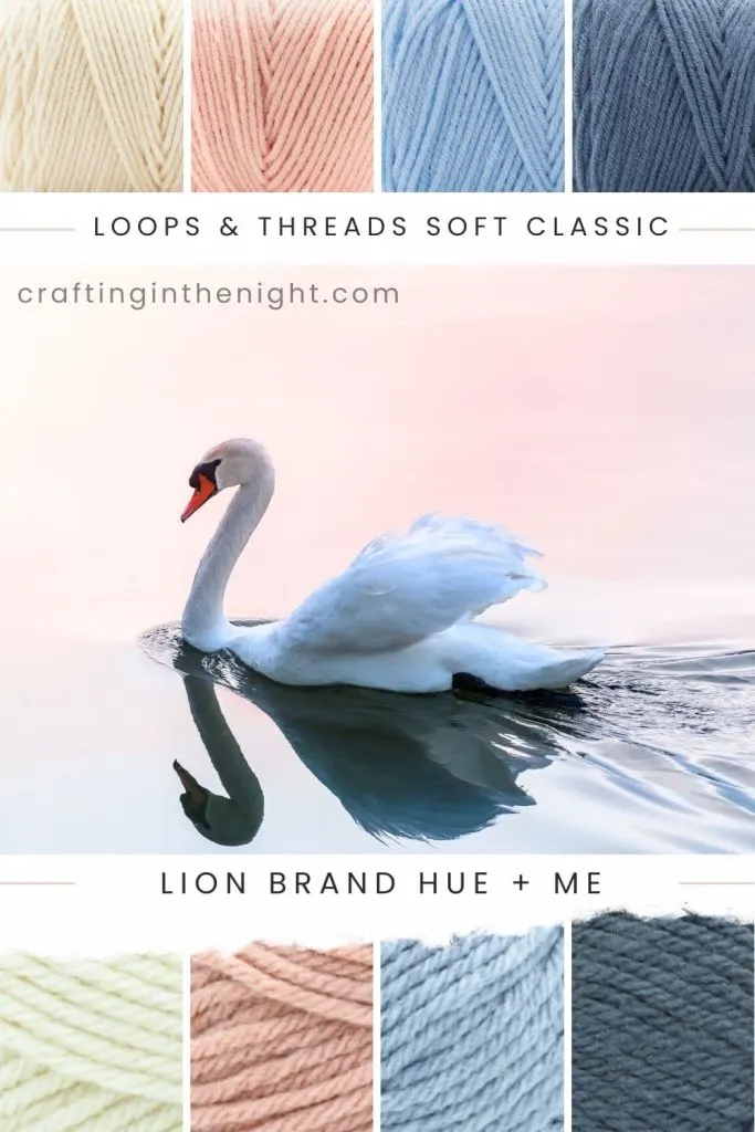 The Swan Lake Yarn Color Palette for crochet or knit, includes colors white, blush, light blue, salt, rose water, ozone, and marine in Loops & Threads Soft Classic Solid and Lion Brand Hue + Me